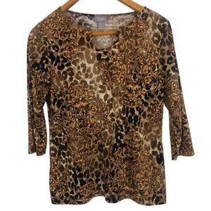 Chico's Travelers Leopard Baroque Top 1 M Brown Gold Chain Neckline 3/4 Sleeve